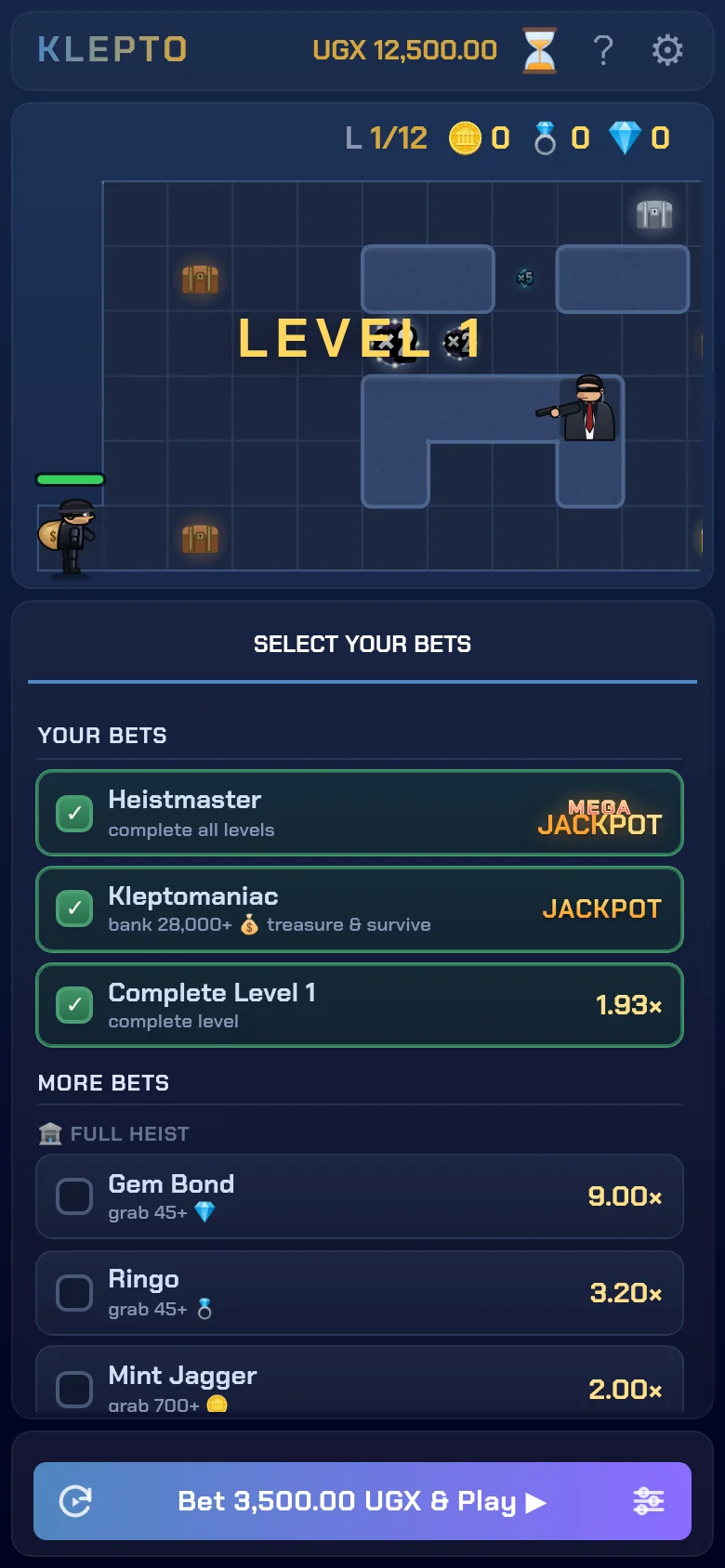 Bet selection screen