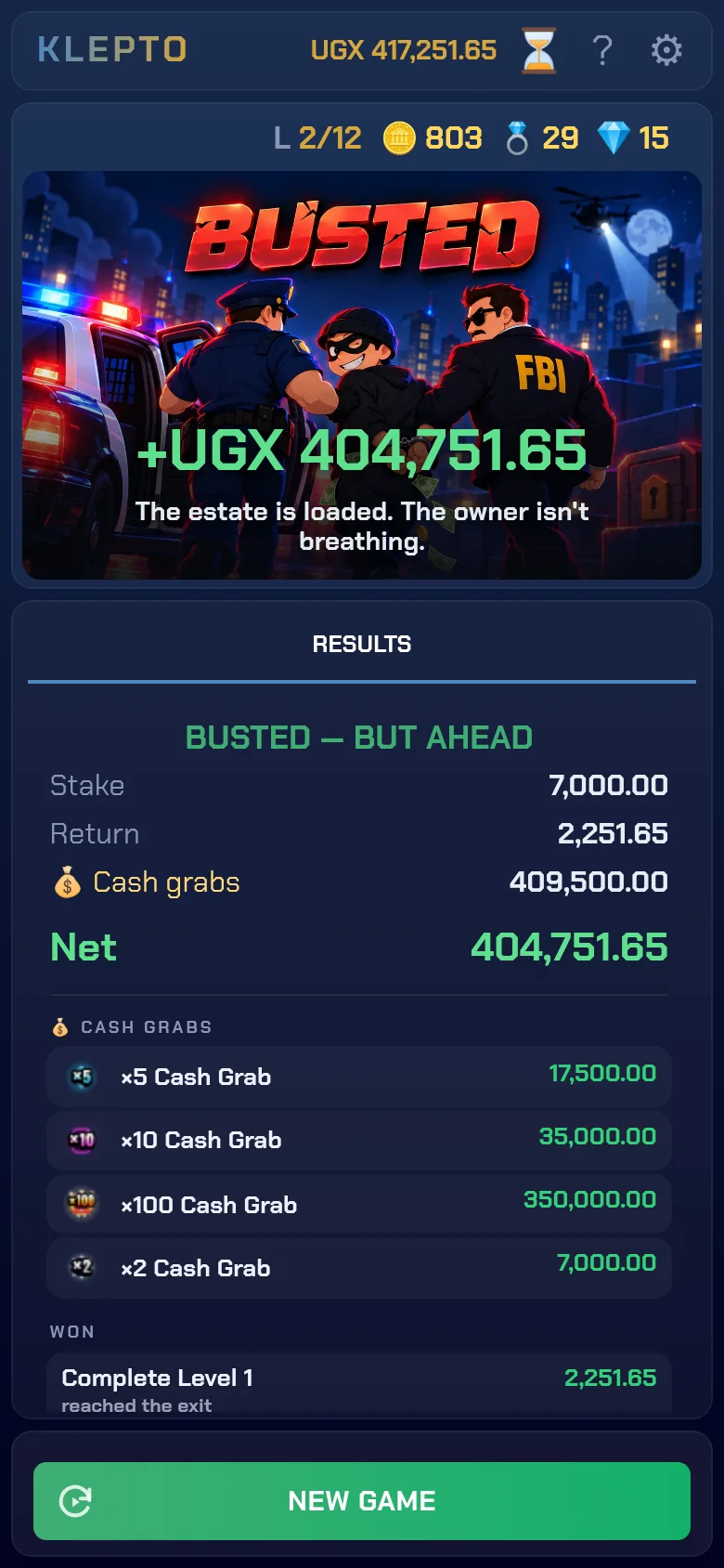 Results screen with cash grabs